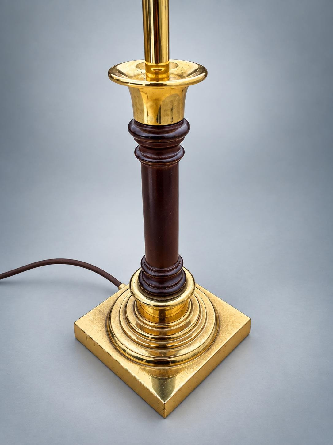 Vintage Brass Column Table Lamp with Dark Turned Column Accent — Stepped Square Base, Pleated Shade