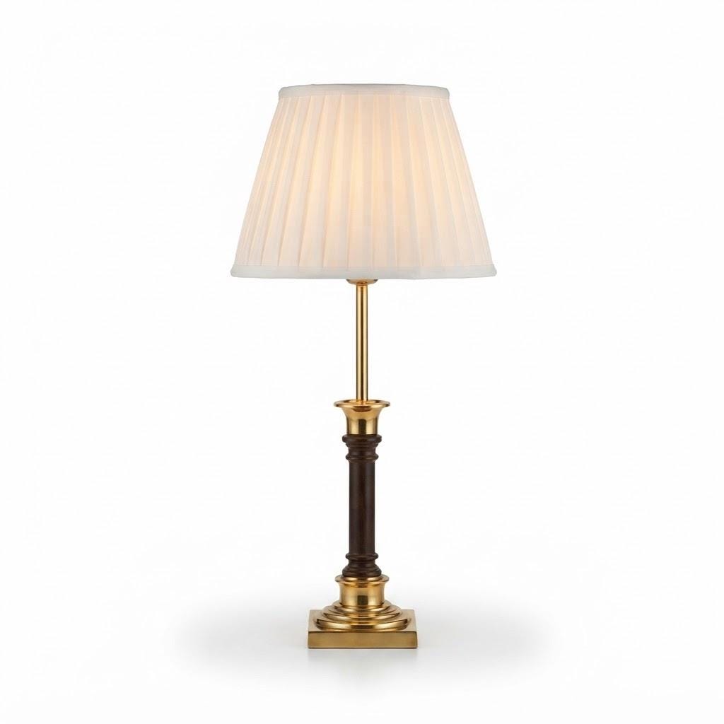 Vintage Brass Column Table Lamp with Dark Turned Column Accent — Stepped Square Base, Pleated Shade