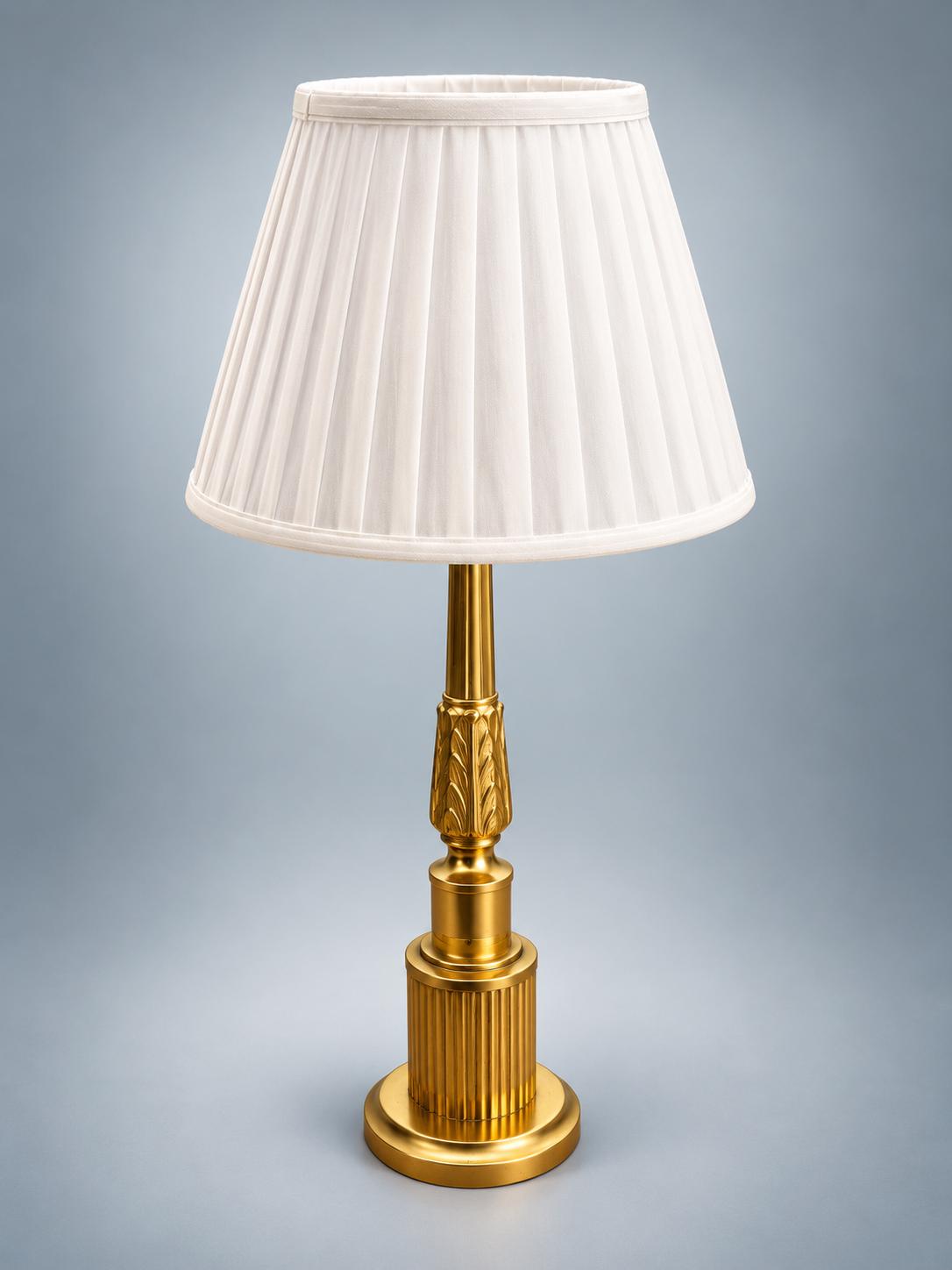 Vintage Brass Column Table Lamp with Dark Turned Column Accent — Stepped Square Base, Pleated Shade