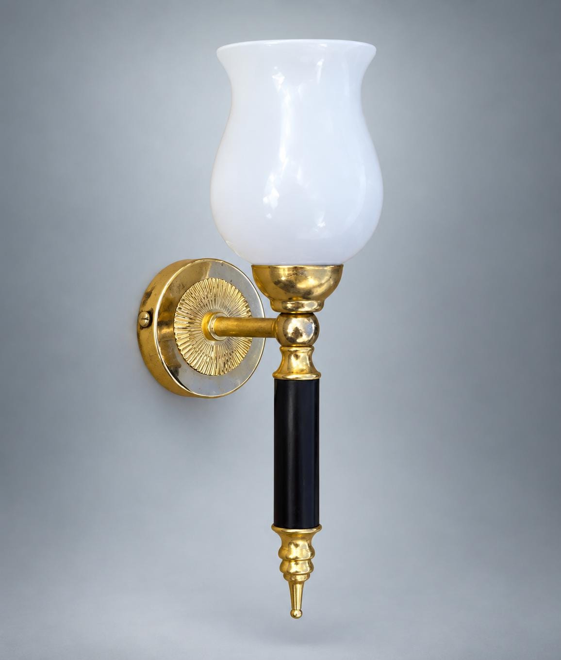 Antique French Brass Wall Sconce with Milk Glass Tulip Shade — Single-Arm Sconce with Turned Ebonised Column