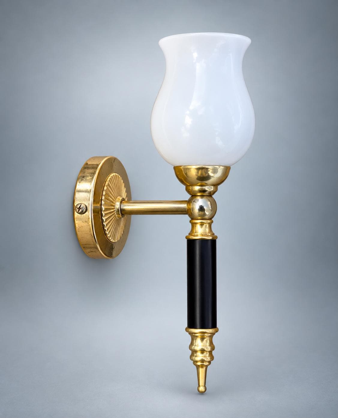 Antique French Brass Wall Sconce with Milk Glass Tulip Shade — Single-Arm Sconce with Turned Ebonised Column