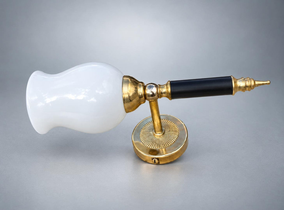 Antique French Brass Wall Sconce with Milk Glass Tulip Shade — Single-Arm Sconce with Turned Ebonised Column