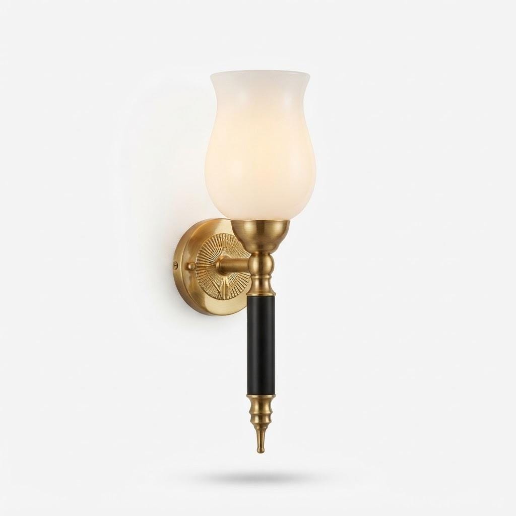 Antique French Brass Wall Sconce with Milk Glass Tulip Shade — Single-Arm Sconce with Turned Ebonised Column