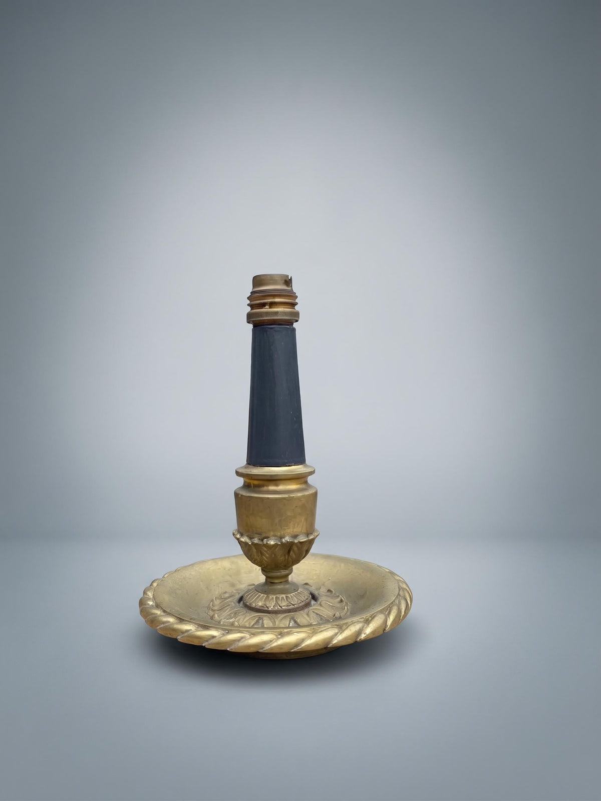 Vintage French Brass Table Lamp, 1930s — Wide Disc Base with Rope-Twist Rim and Blue Painted Wood Column