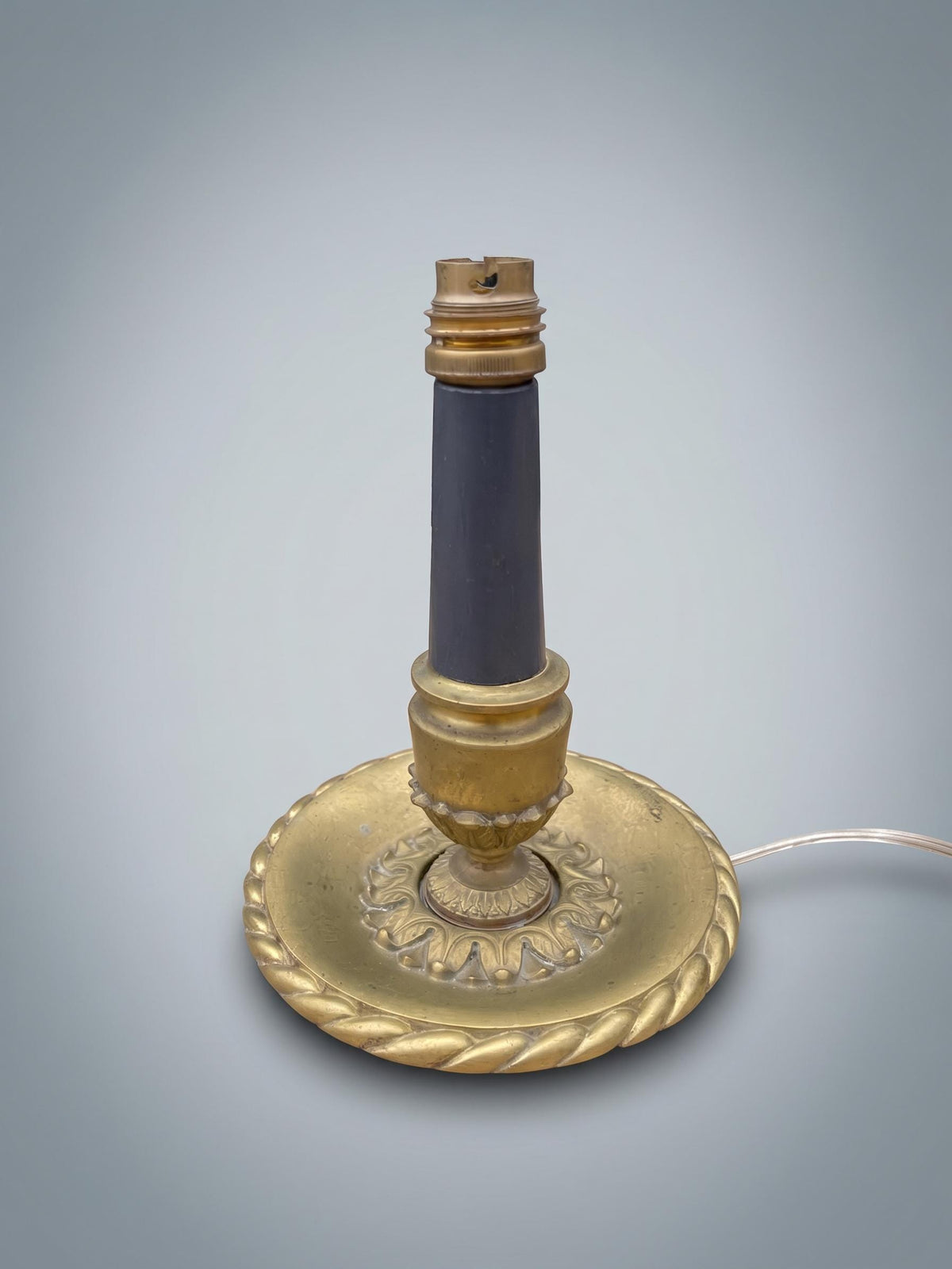 Vintage French Brass Table Lamp, 1930s — Wide Disc Base with Rope-Twist Rim and Blue Painted Wood Column
