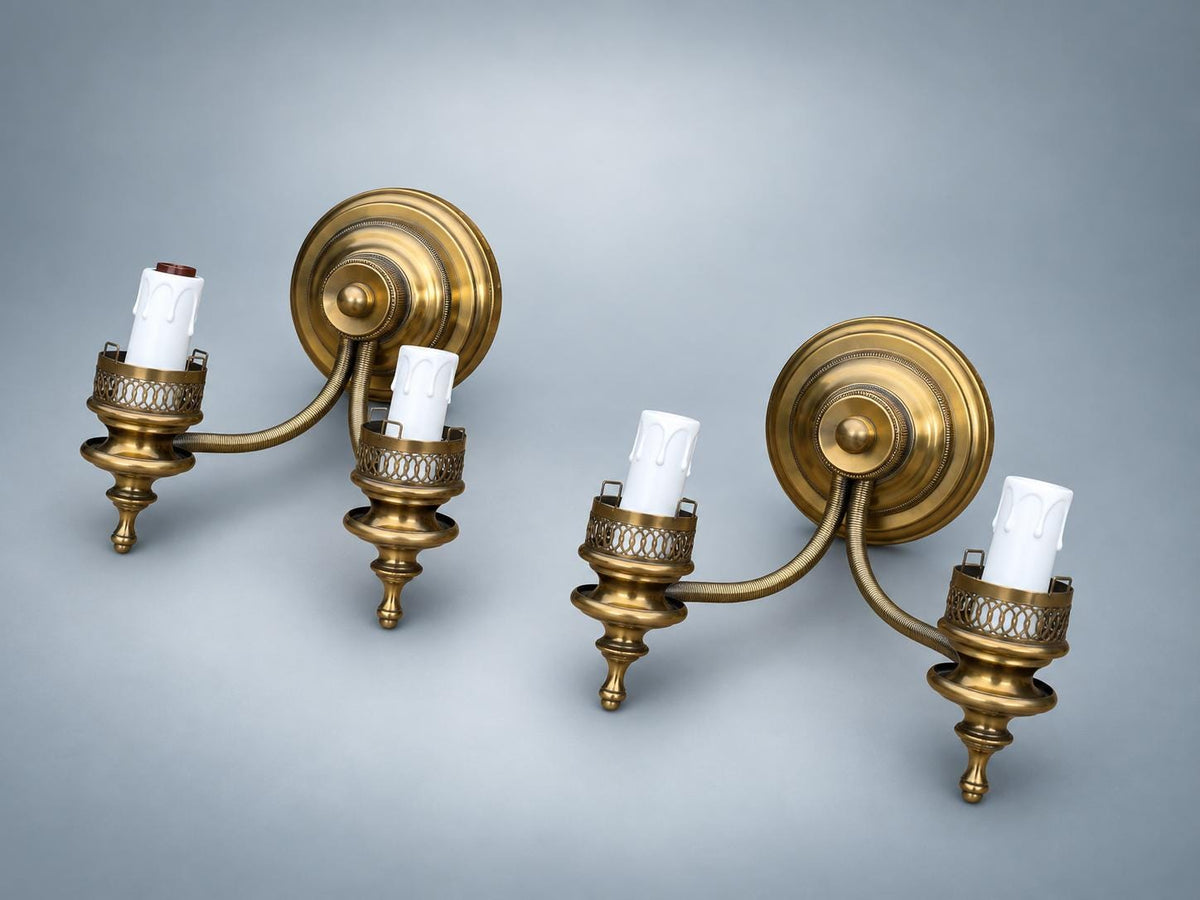 Pair of French Style Brass Two-Light Wall Sconces — Scrolled Arms with Pierced Candle Cup Galleries