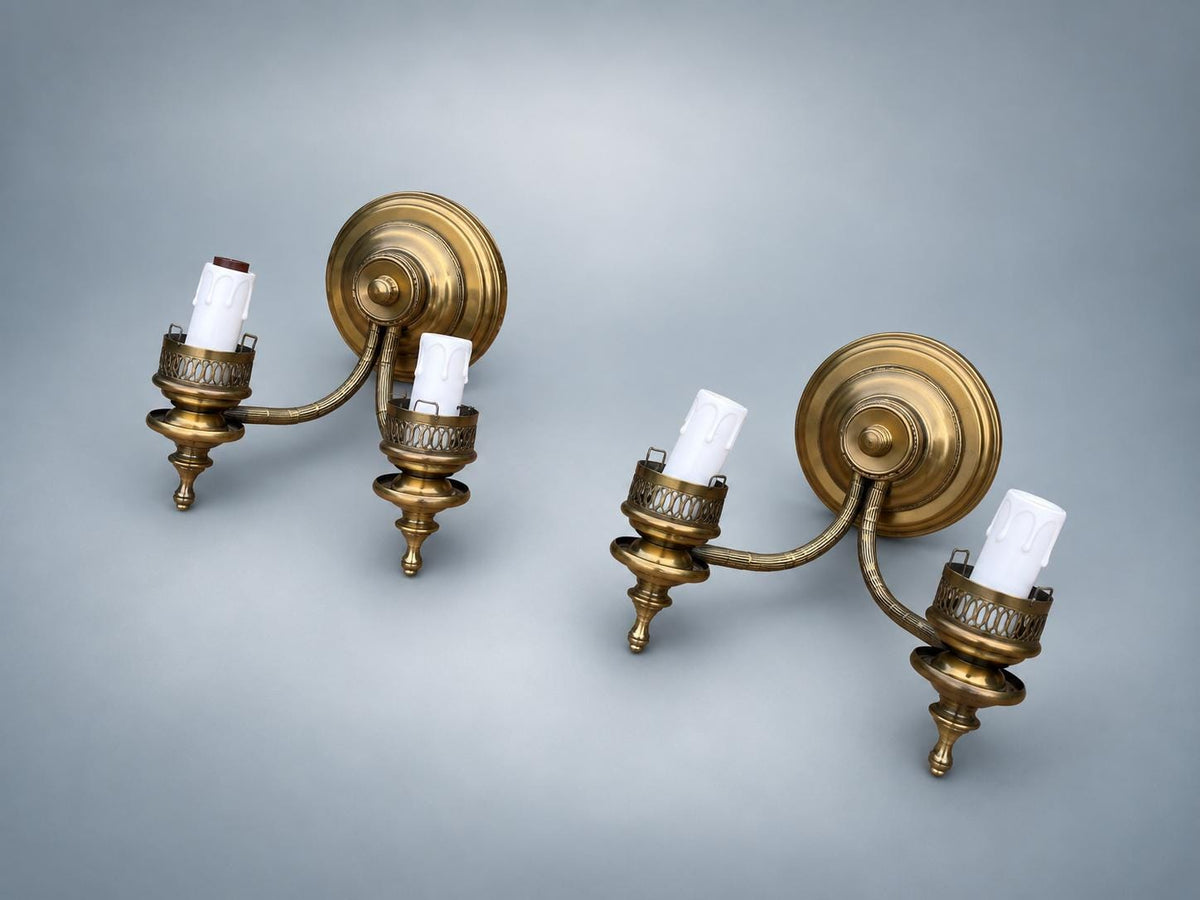 Pair of French Style Brass Two-Light Wall Sconces — Scrolled Arms with Pierced Candle Cup Galleries