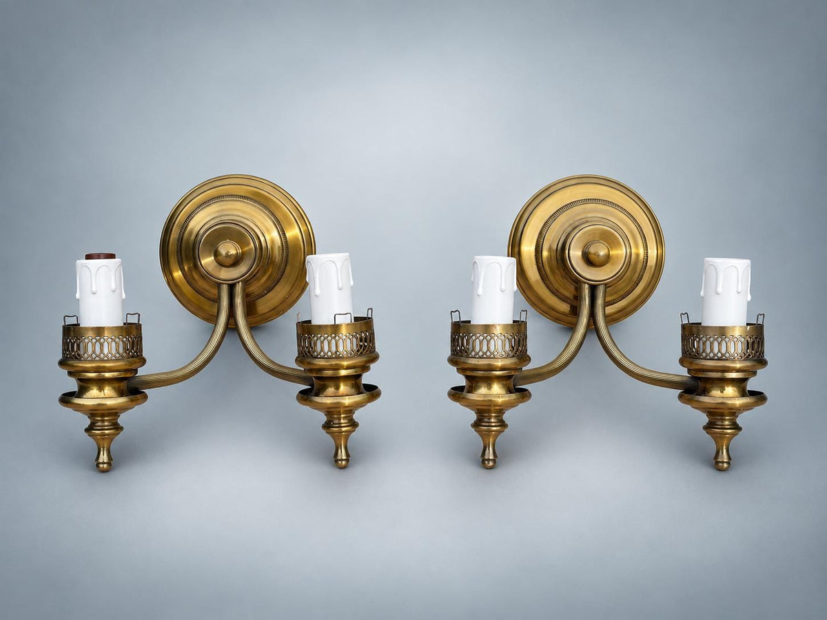 Pair of French Style Brass Two-Light Wall Sconces — Scrolled Arms with Pierced Candle Cup Galleries