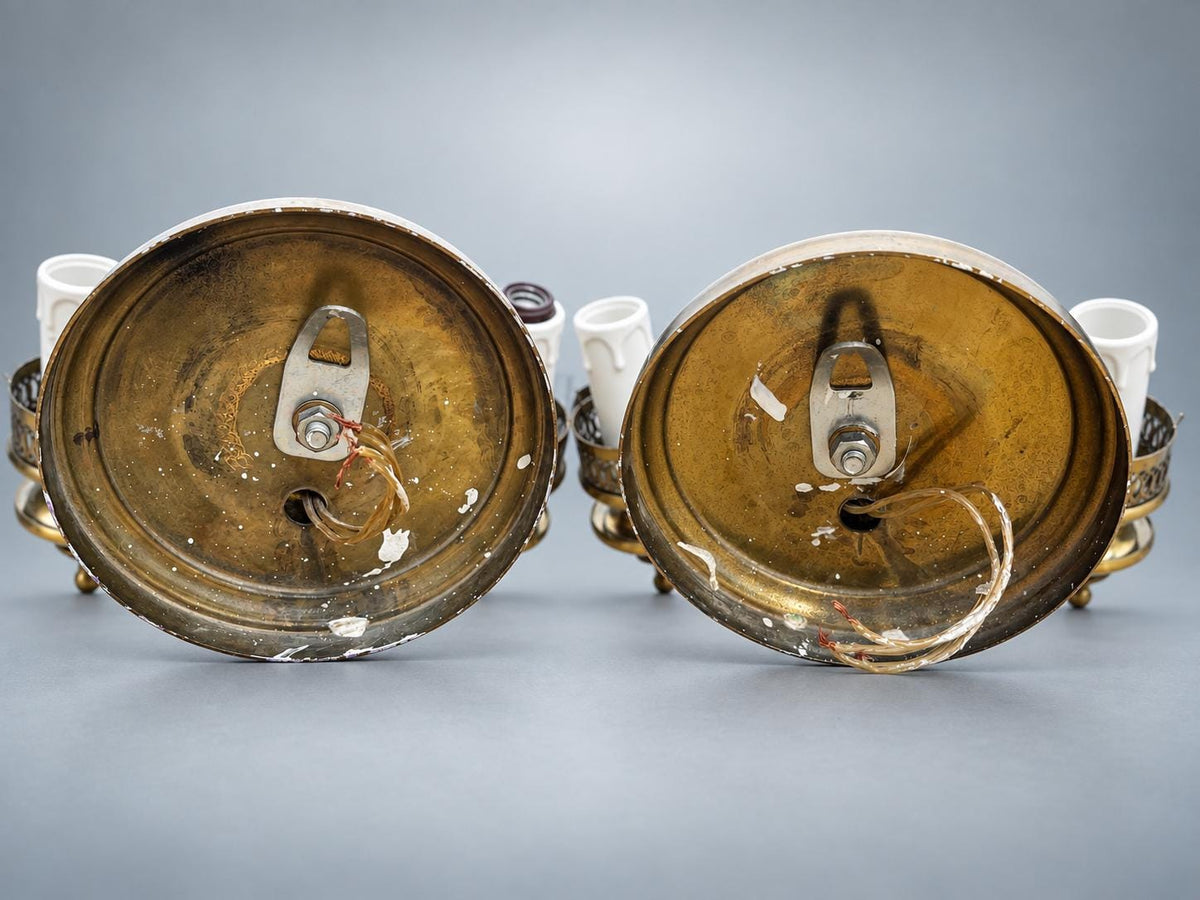Pair of French Style Brass Two-Light Wall Sconces — Scrolled Arms with Pierced Candle Cup Galleries