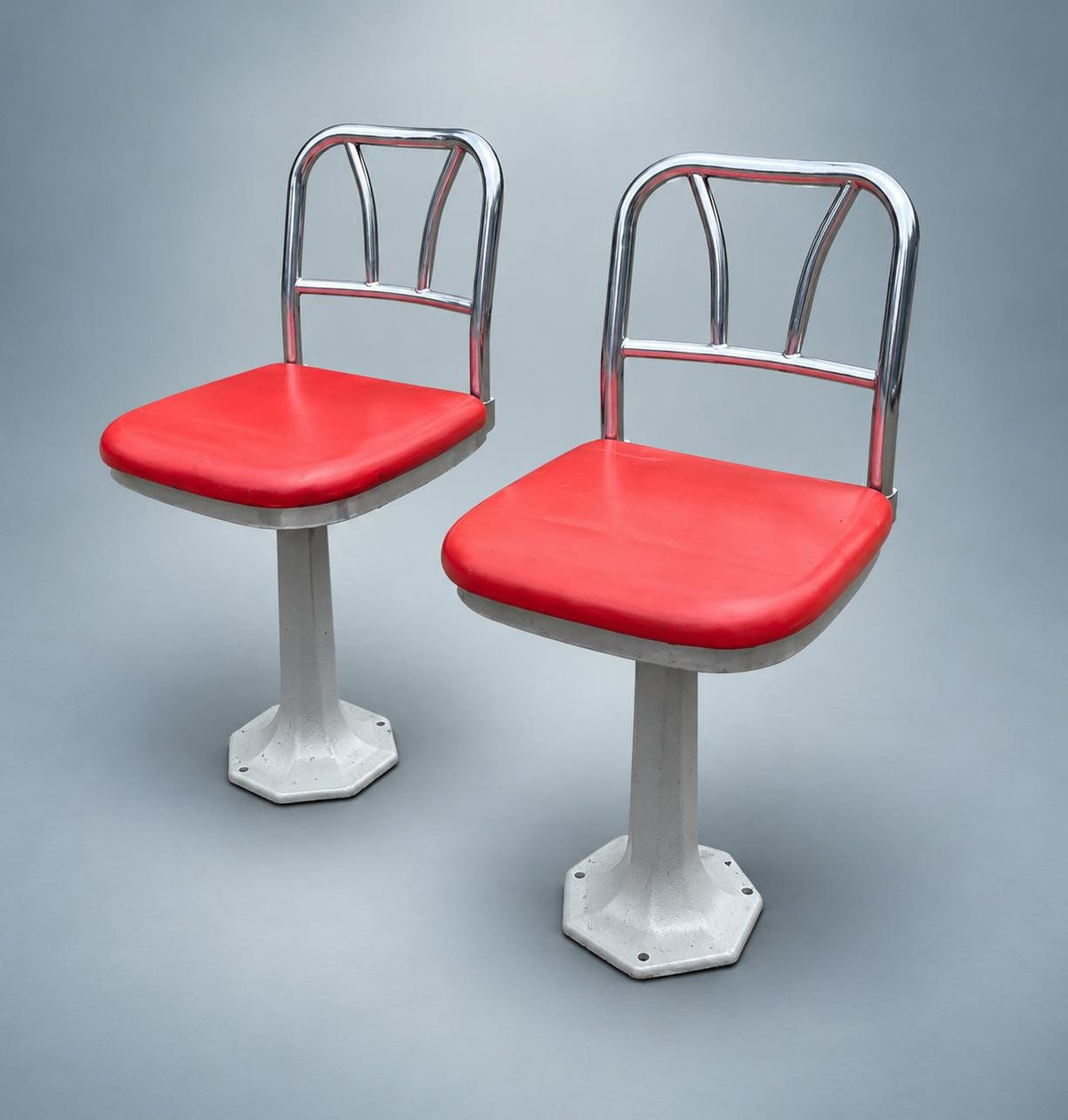 Pair of Vintage Chrome Soda Fountain Chairs — Swivel Pedestal Diner Stools with Red Vinyl Seats