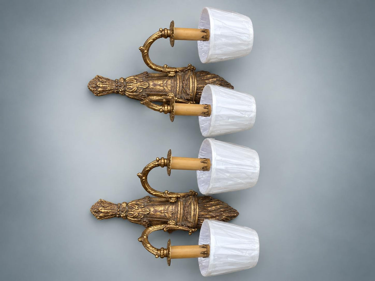 Pair of French Giltwood Two-Light Wall Sconces — Polychrome Torch-Form Sconces with Gilt Metal Scroll Arms