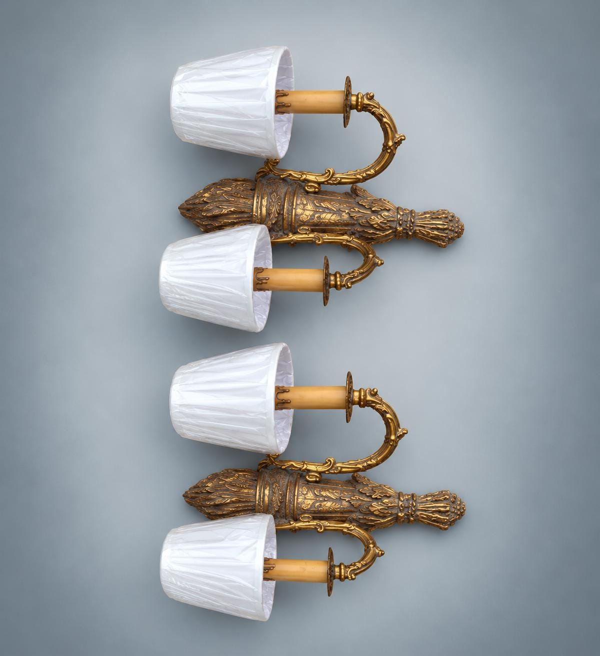 Pair of French Giltwood Two-Light Wall Sconces — Polychrome Torch-Form Sconces with Gilt Metal Scroll Arms
