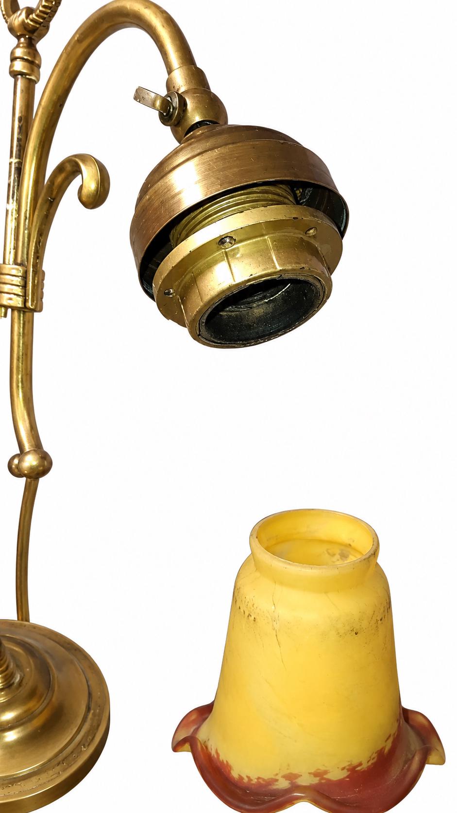 Antique French Brass Adjustable Desk Lamp, Signed Vianne Pâte de Verre Shade — France, Mid-20th Century