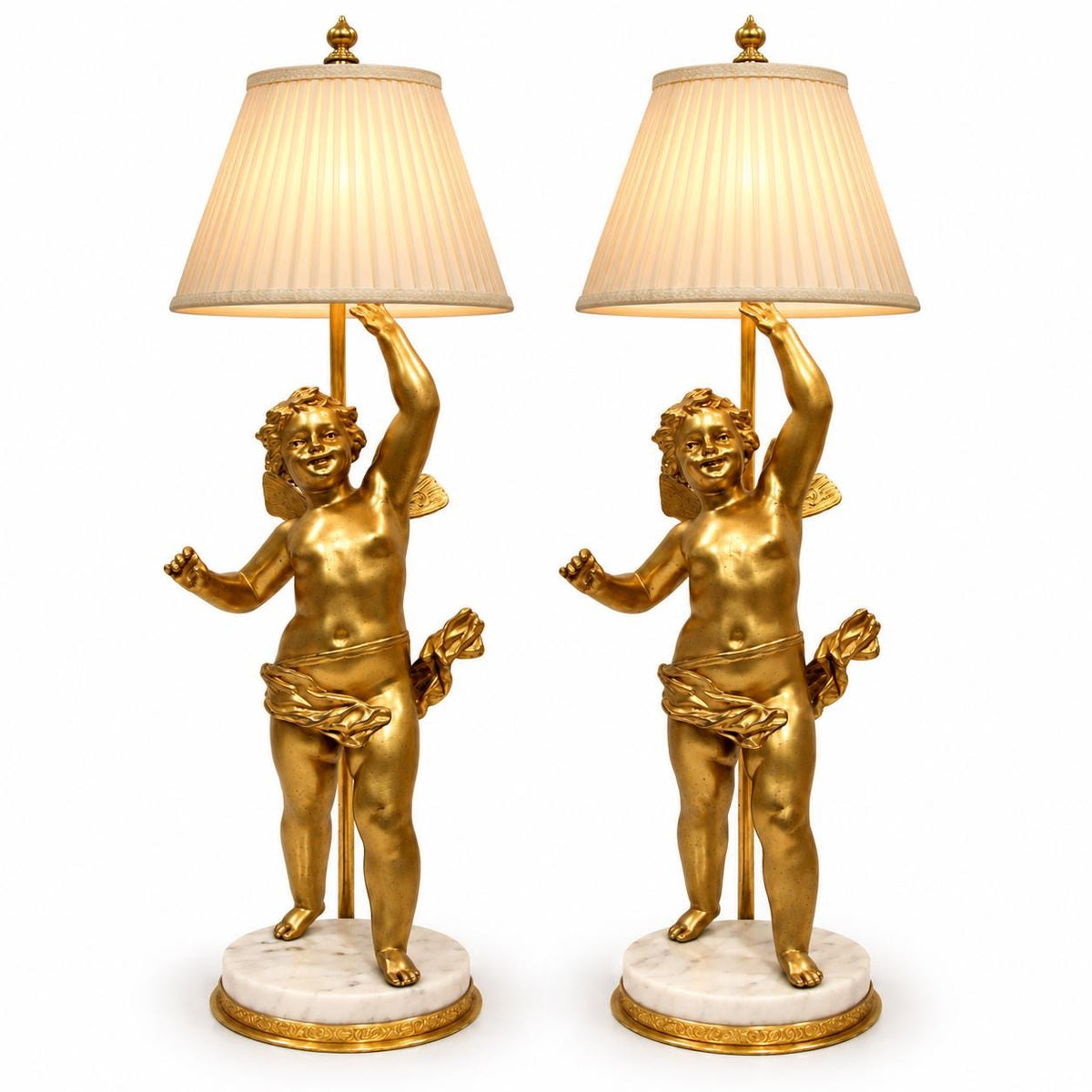 Pair of French Gilt Putti Table Lamps, Winged Cherub Figures on White Marble Bases — France, Early 20th Century