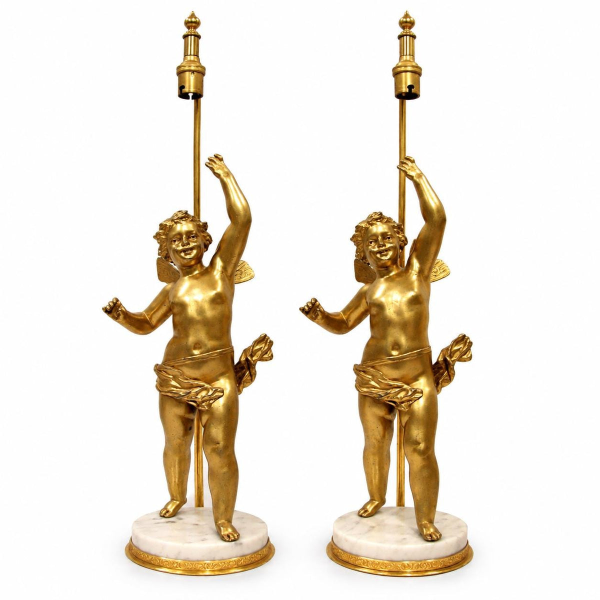 Pair of French Gilt Putti Table Lamps, Winged Cherub Figures on White Marble Bases — France, Early 20th Century