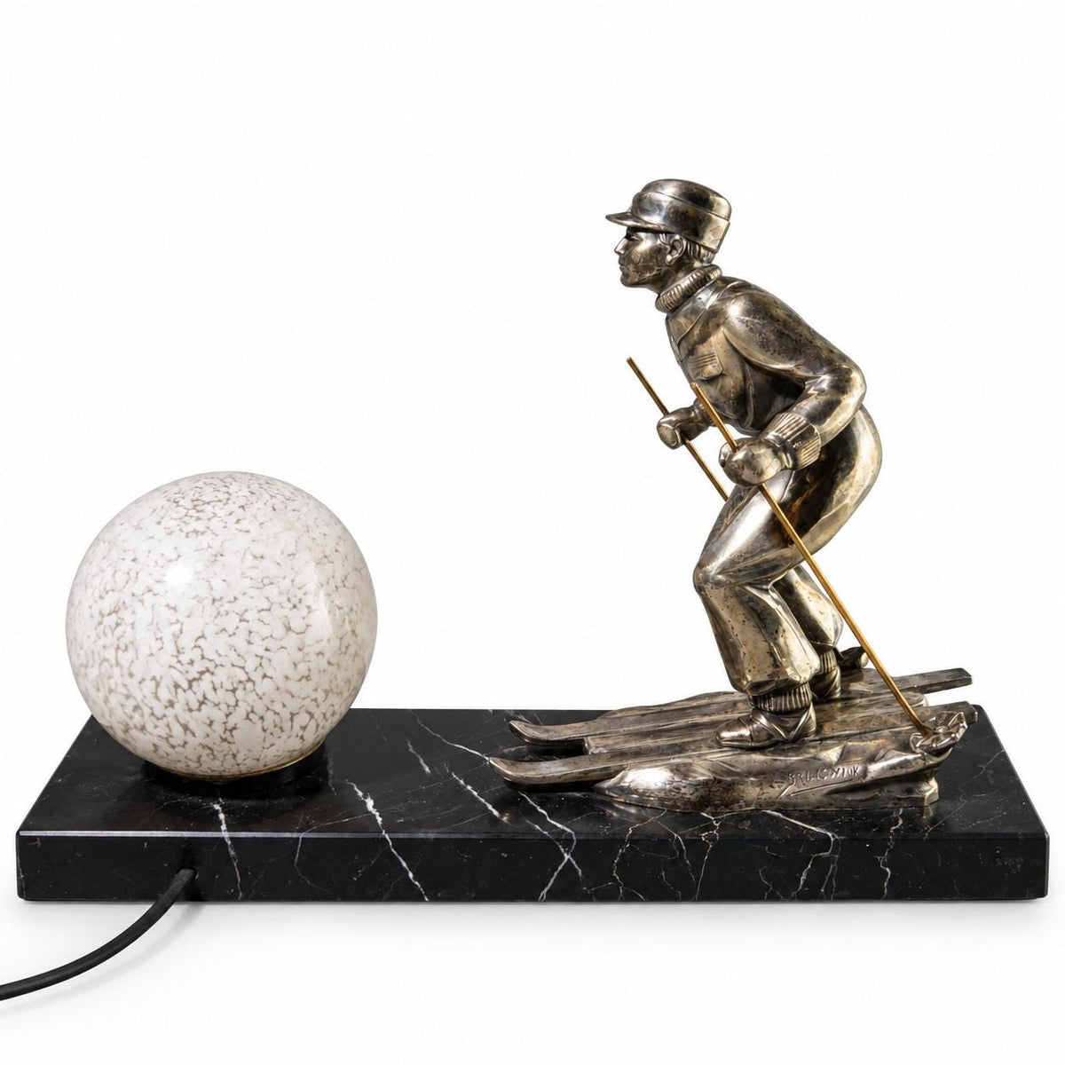 Antique French Art Deco Skier Sculpture Lamp, Signed L. Brunswick, Silvered Régule on Marble — France, circa 1930