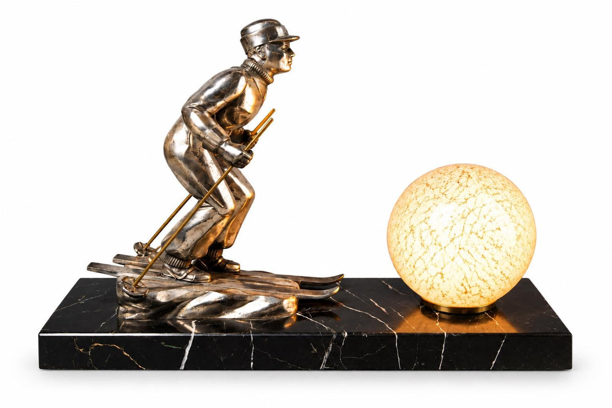 Antique French Art Deco Skier Sculpture Lamp, Signed L. Brunswick, Silvered Régule on Marble — France, circa 1930