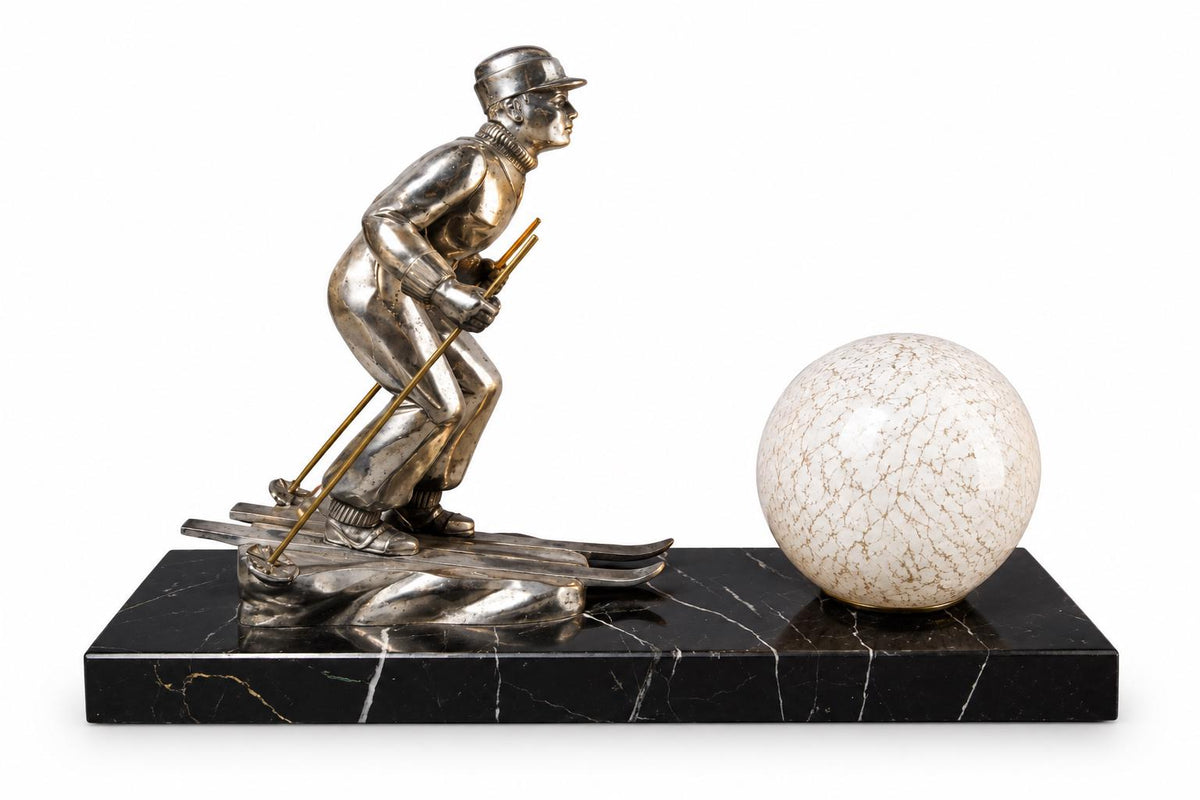Antique French Art Deco Skier Sculpture Lamp, Signed L. Brunswick, Silvered Régule on Marble — France, circa 1930