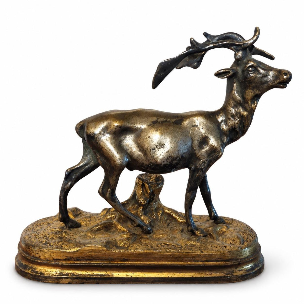 Antique Bronze Fallow Deer Sculpture, Silvered Figure on Gilt Bronze Base — French Animalier School, Late 19th Century