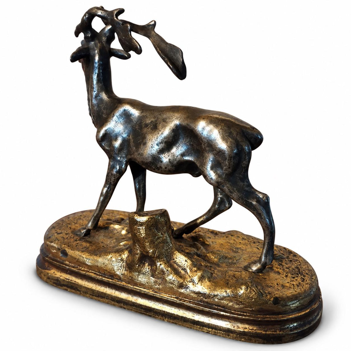 Antique Bronze Fallow Deer Sculpture, Silvered Figure on Gilt Bronze Base — French Animalier School, Late 19th Century