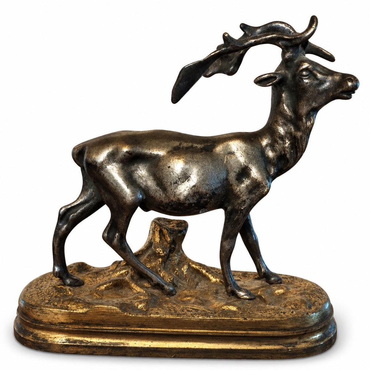 Antique Bronze Fallow Deer Sculpture, Silvered Figure on Gilt Bronze Base — French Animalier School, Late 19th Century