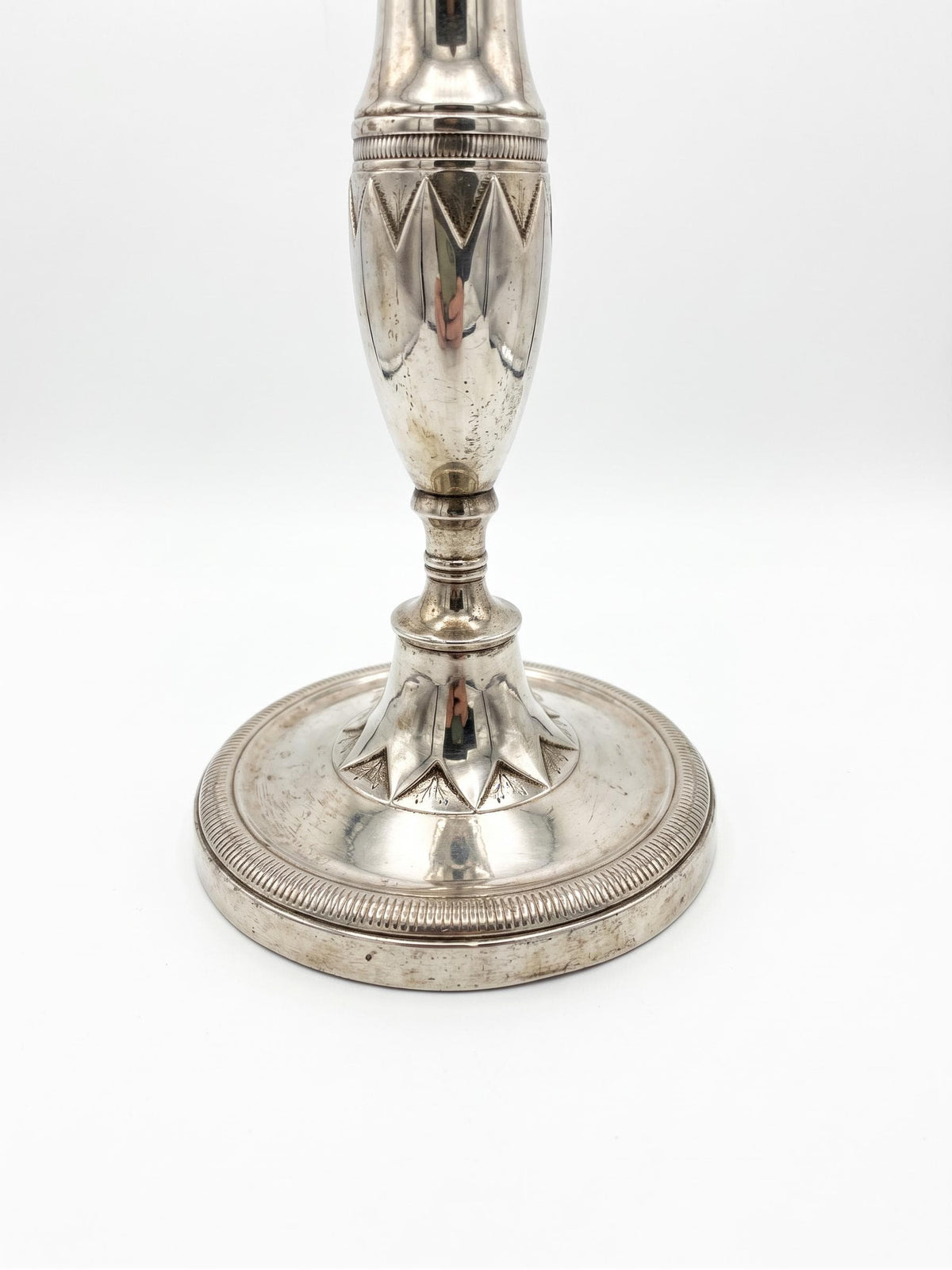 Antique French Art Deco Silver-Plated Candlestick, Geometric and Gadroon Ornament — France, circa 1930
