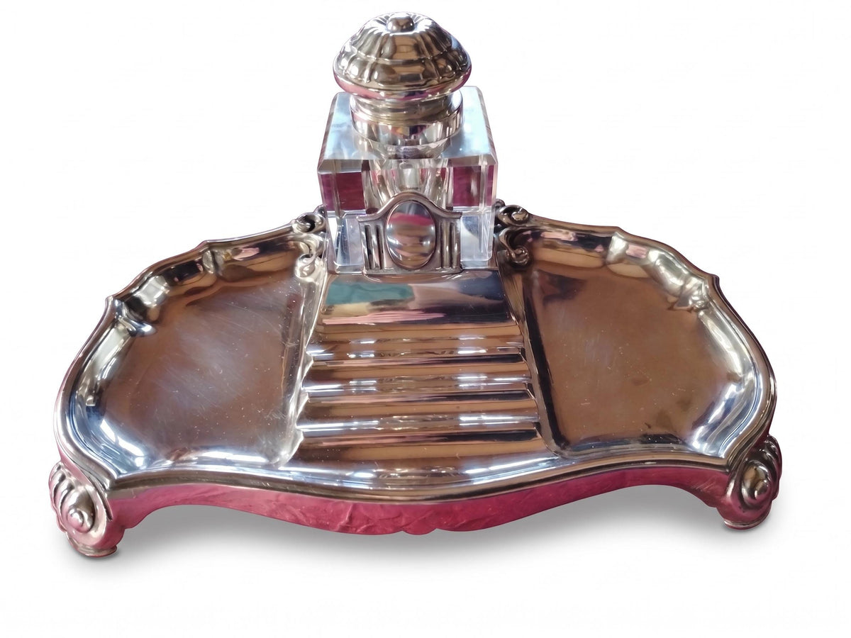 Antique French Silver-Plated Four-Piece Desk Set, Inkstand, Letter Rack, Blotter and Notepad Holder — France, Early 20th Century
