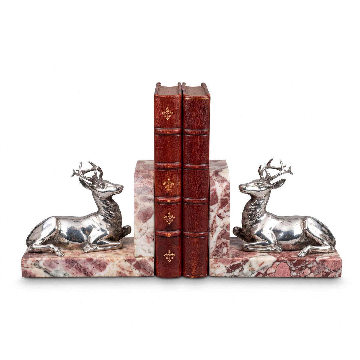 Antique French Silvered Bronze Stag Bookends on Marble Bases — French Animalier School, Early 20th Century