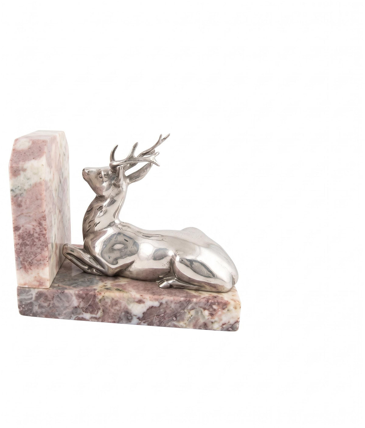 Antique French Silvered Bronze Stag Bookends on Marble Bases — French Animalier School, Early 20th Century