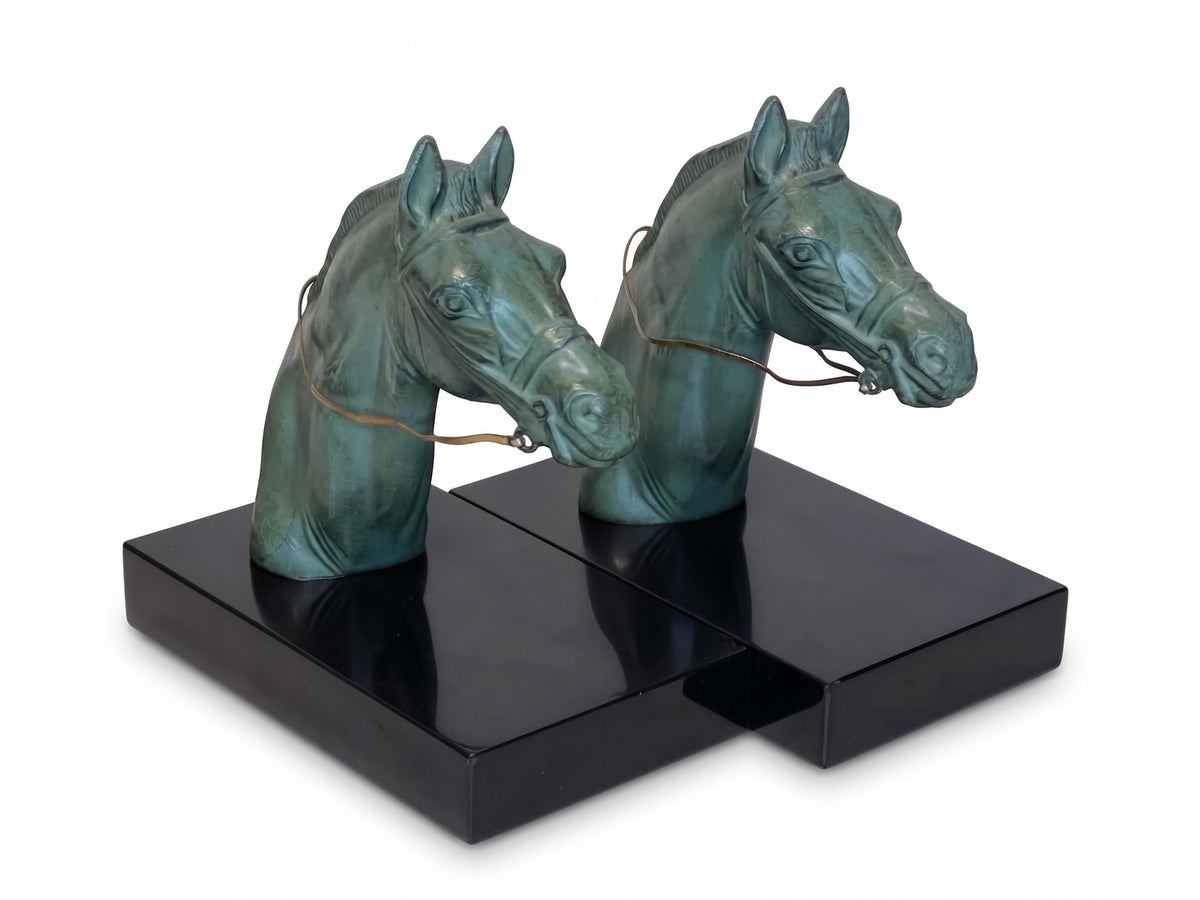Antique French Art Deco Horse Head Bookends, Signed M. Leducq, Green Patina on Black Marble — France, circa 1930
