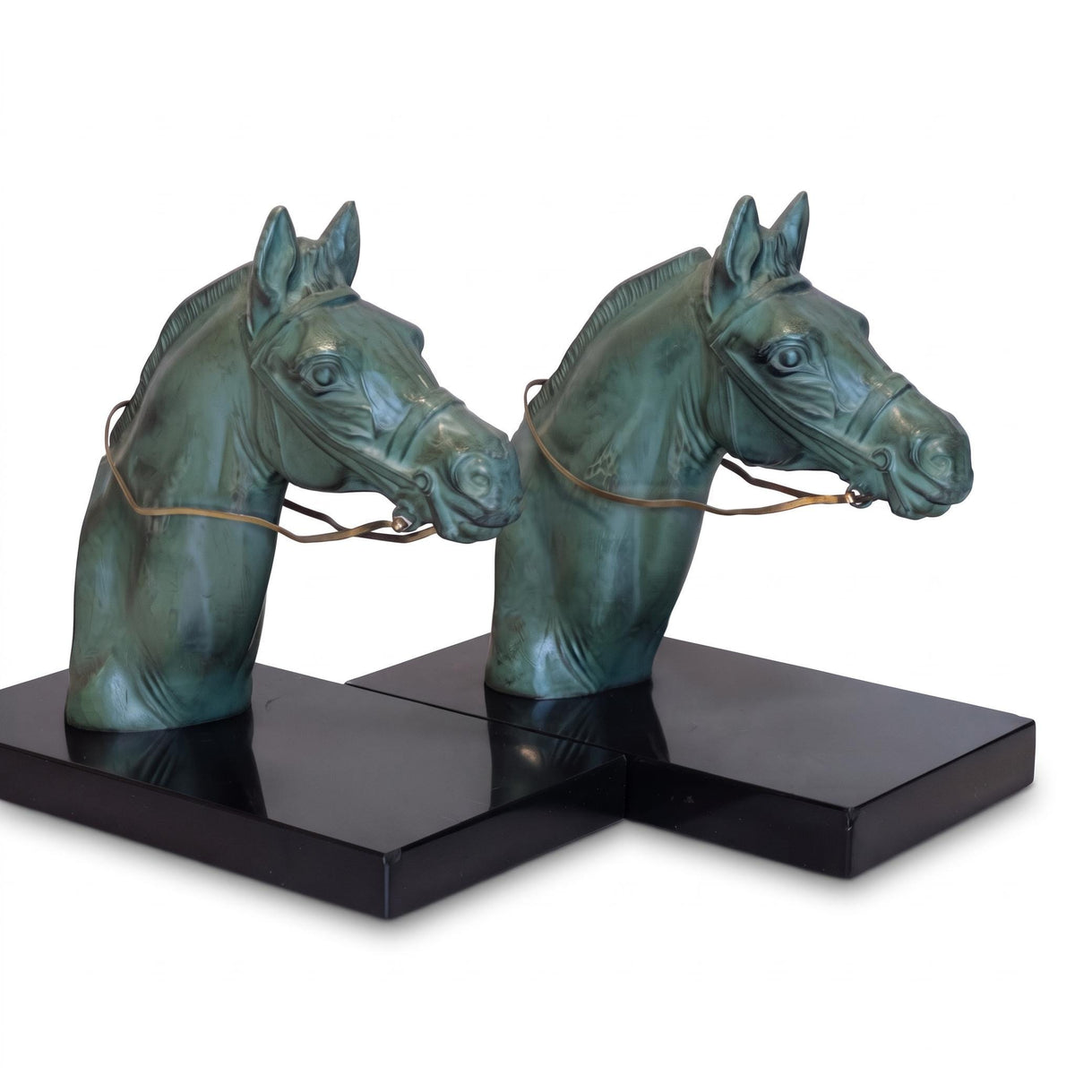Antique French Art Deco Horse Head Bookends, Signed M. Leducq, Green Patina on Black Marble — France, circa 1930