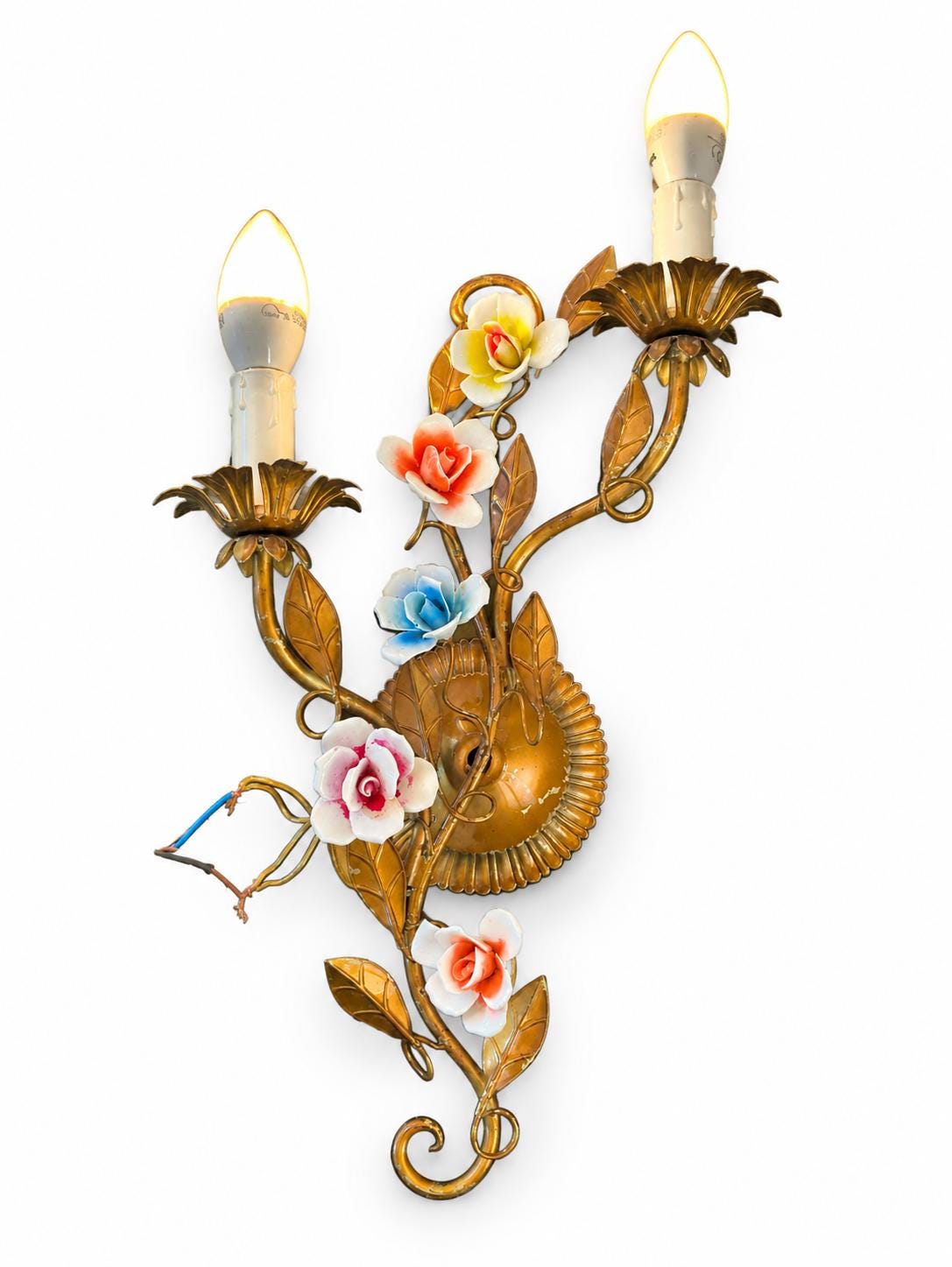 Pair of Italian Gilt Tole Wall Sconces, Porcelain Rose Flowers, Two Arm — Italy, circa 1960