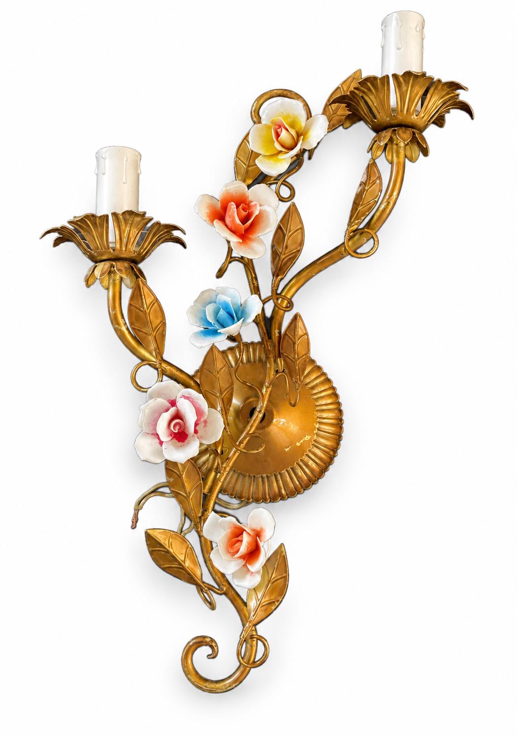 Pair of Italian Gilt Tole Wall Sconces, Porcelain Rose Flowers, Two Arm — Italy, circa 1960