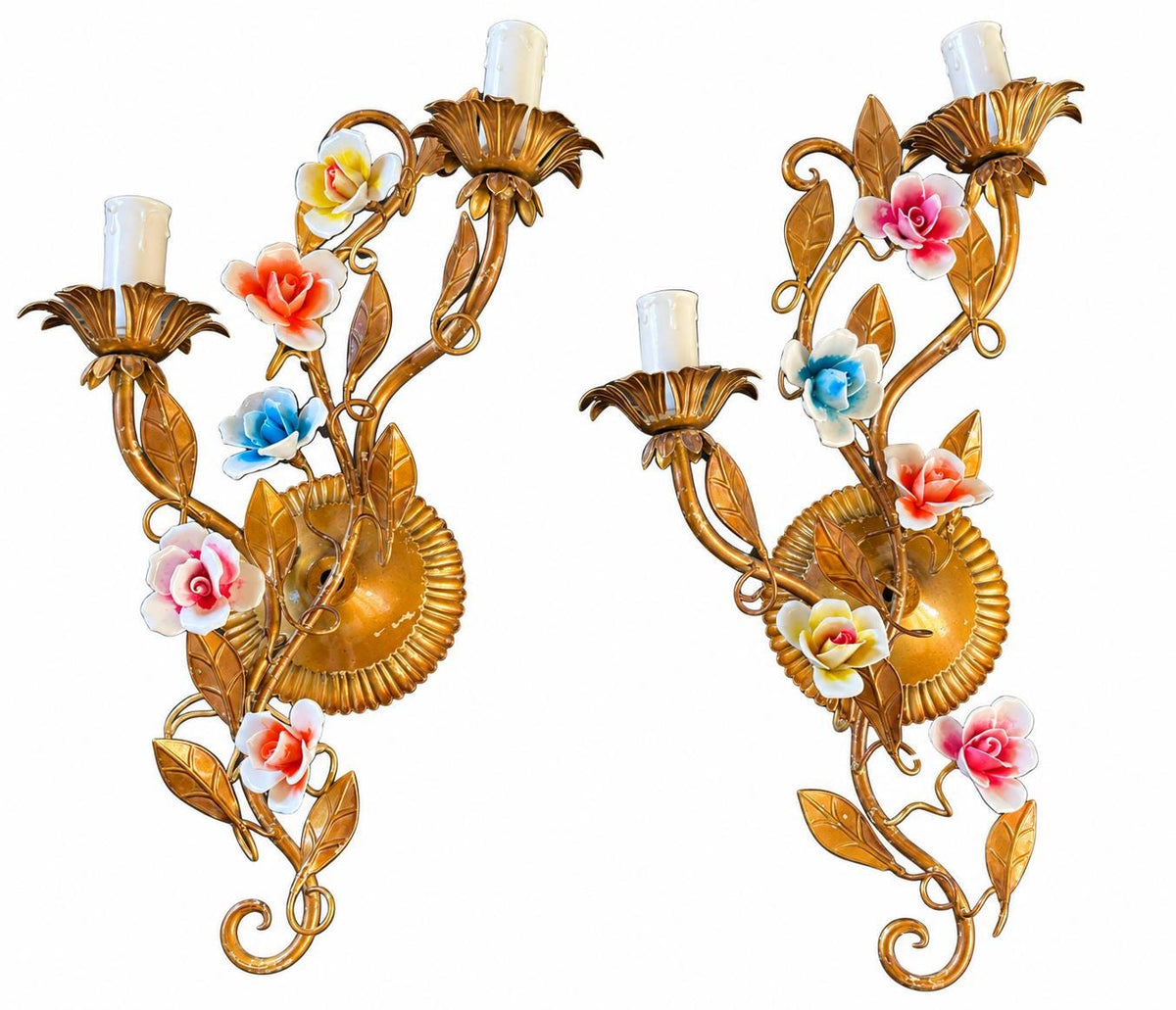 Pair of Italian Gilt Tole Wall Sconces, Porcelain Rose Flowers, Two Arm — Italy, circa 1960