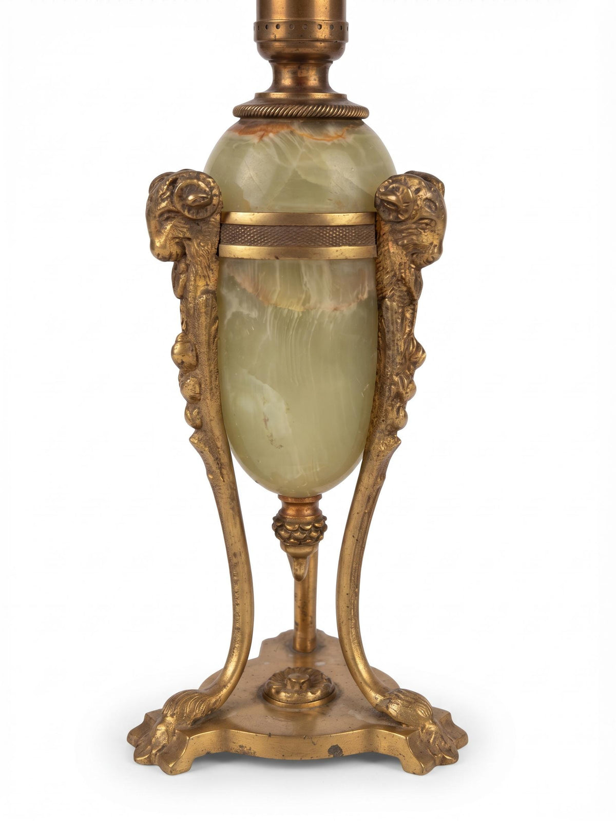 Antique French Empire Style Bronze and Onyx Table Lamp, Athénienne with Ram's Head Mounts — France, Early 20th Century