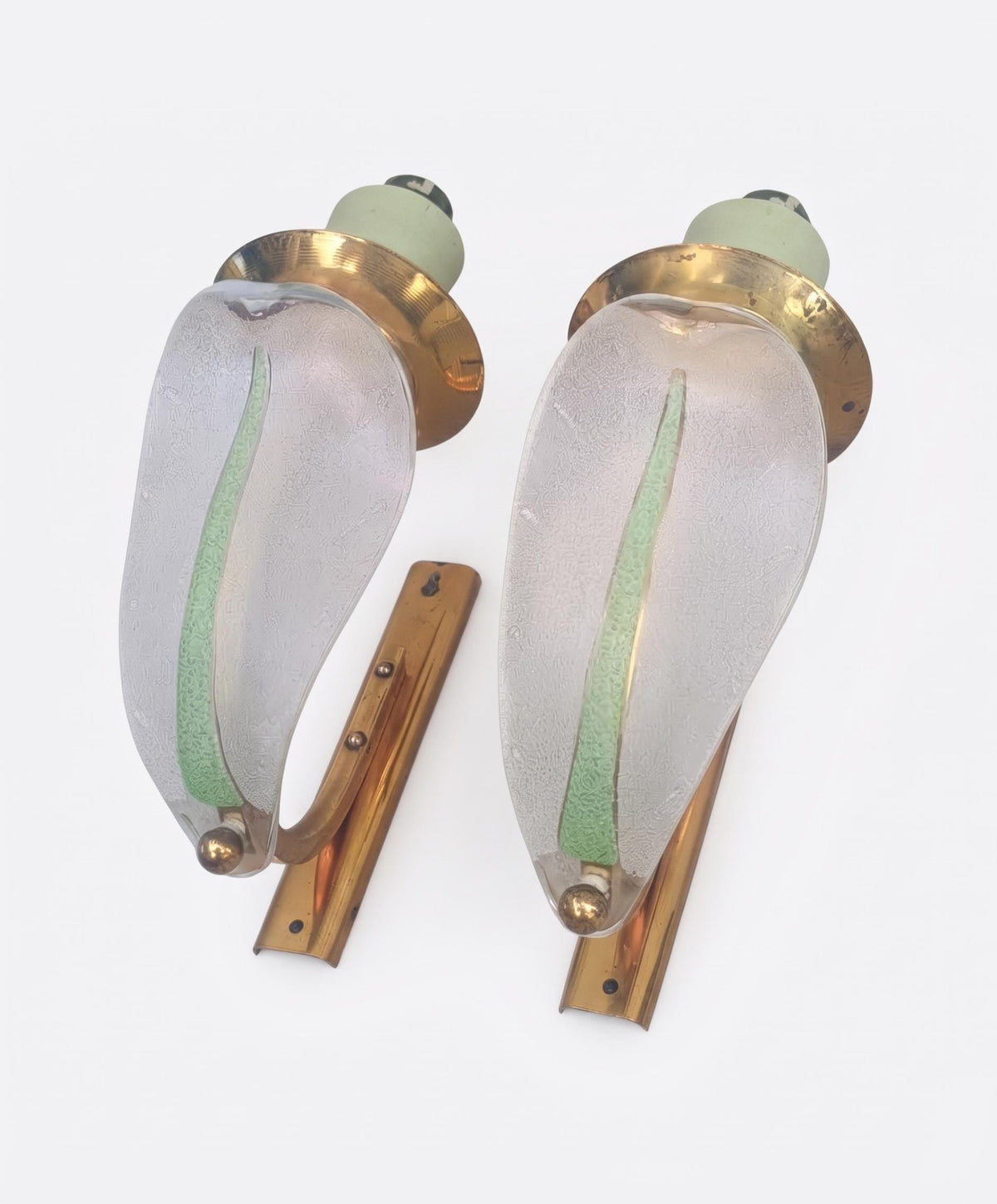 Pair of French Art Deco Wall Sconces, Signed Ezan Frosted Glass Leaf Shades and Brass — France, circa 1930