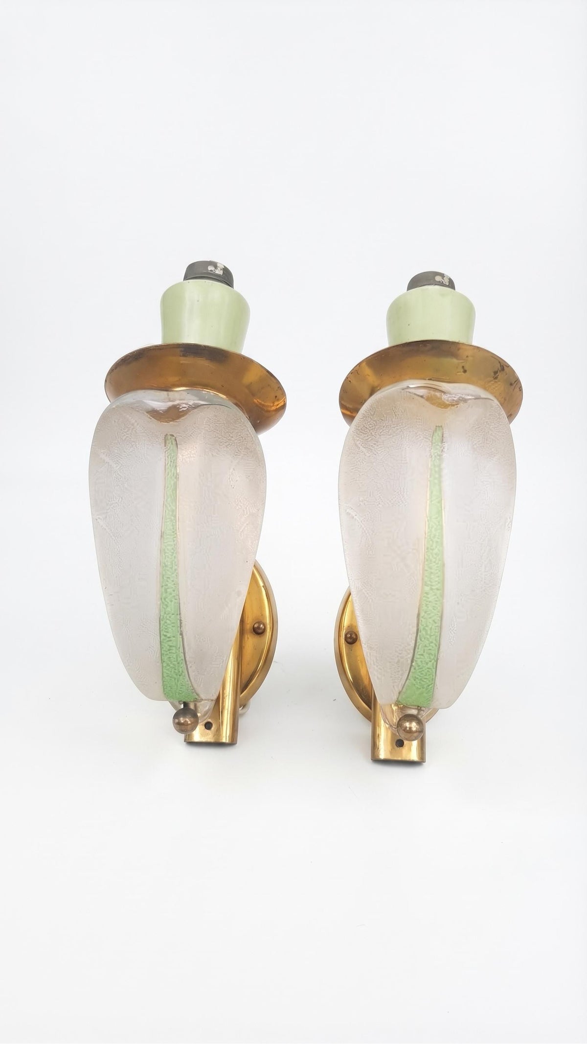 Pair of French Art Deco Wall Sconces, Signed Ezan Frosted Glass Leaf Shades and Brass — France, circa 1930