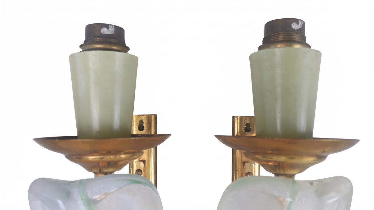 Pair of French Art Deco Wall Sconces, Signed Ezan Frosted Glass Leaf Shades and Brass — France, circa 1930