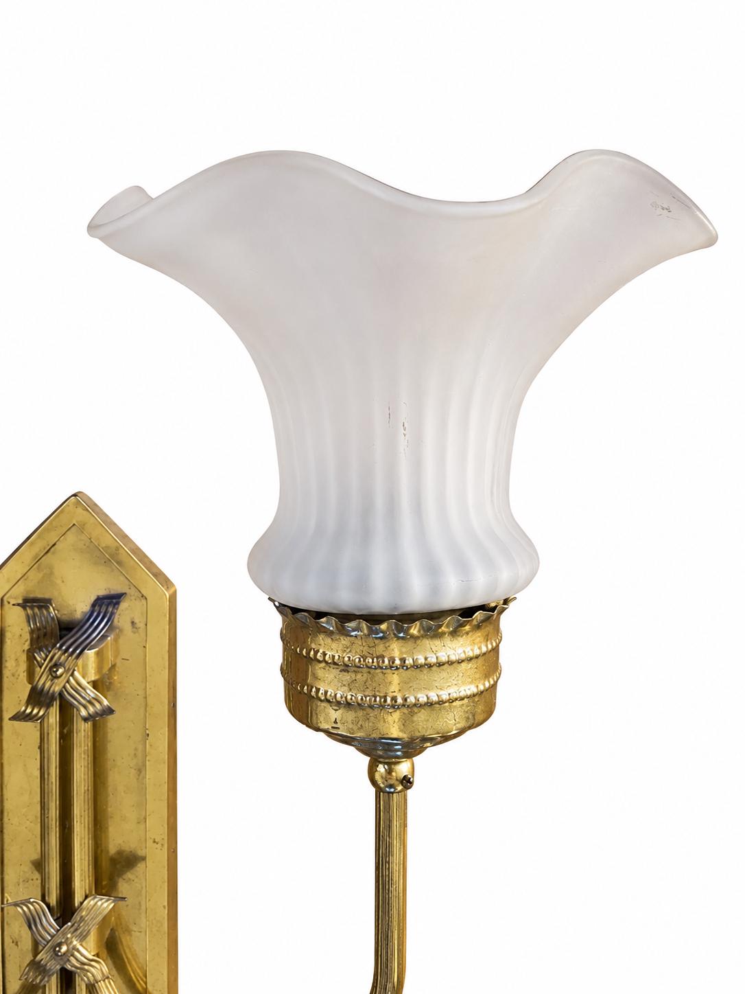 Set of Five German Art Deco Brass Wall Sconces, PE Stamped, Frosted Glass Shades — Hamburg, circa 1930