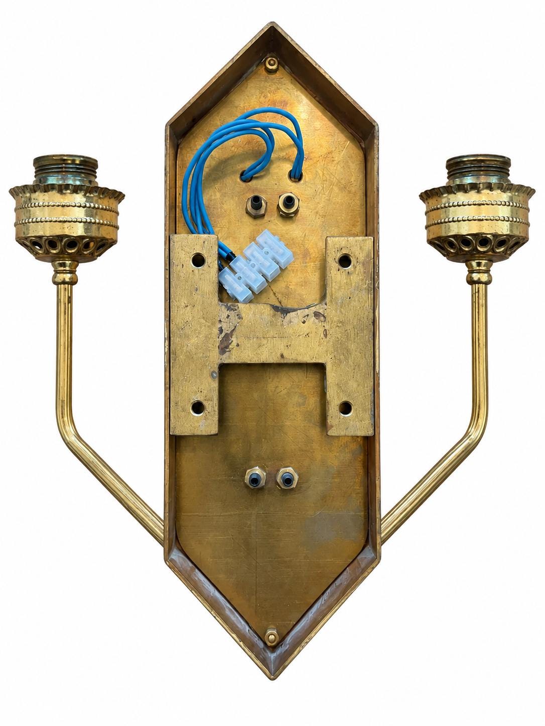 Set of Five German Art Deco Brass Wall Sconces, PE Stamped, Frosted Glass Shades — Hamburg, circa 1930