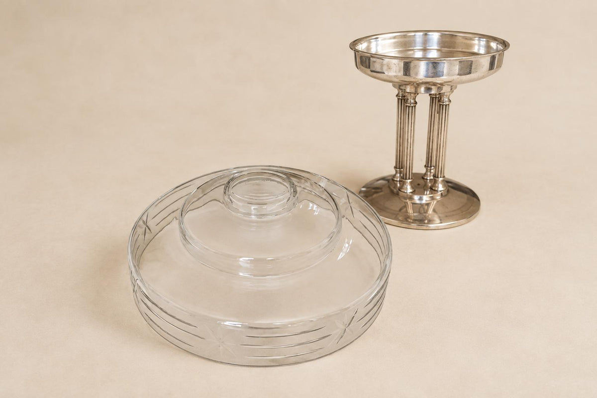 Antique French Art Deco Crystal Bowl on Silver-Plated Pedestal Stand — France, circa 1930