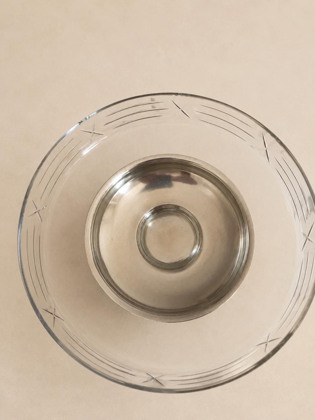 Antique French Art Deco Crystal Bowl on Silver-Plated Pedestal Stand — France, circa 1930