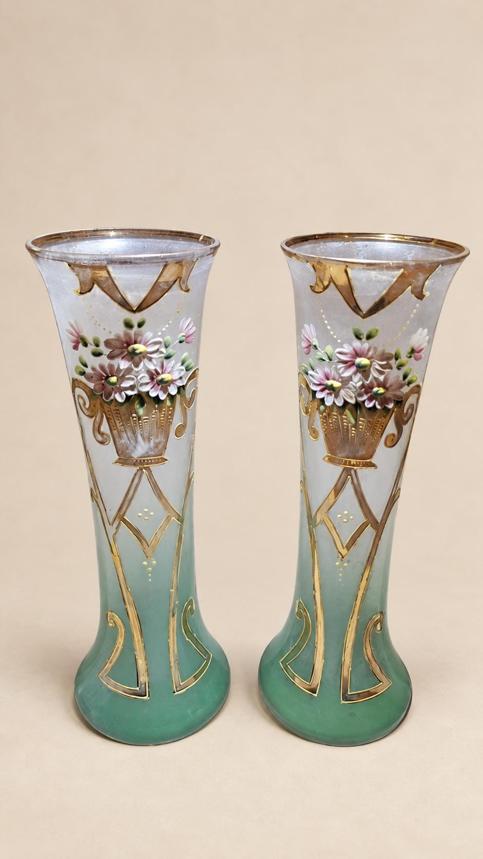 Pair of Antique Art Nouveau Enamelled Glass Vases, Floral Basket and Gilt Arabesques — Europe, circa 1900