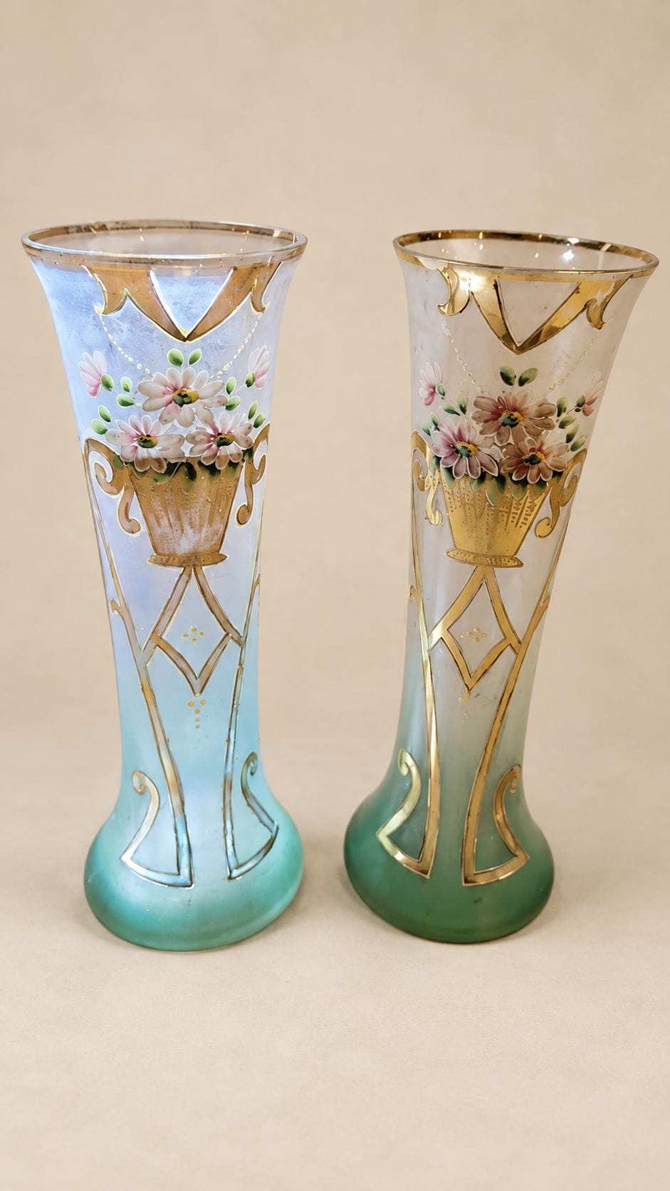 Pair of Antique Art Nouveau Enamelled Glass Vases, Floral Basket and Gilt Arabesques — Europe, circa 1900