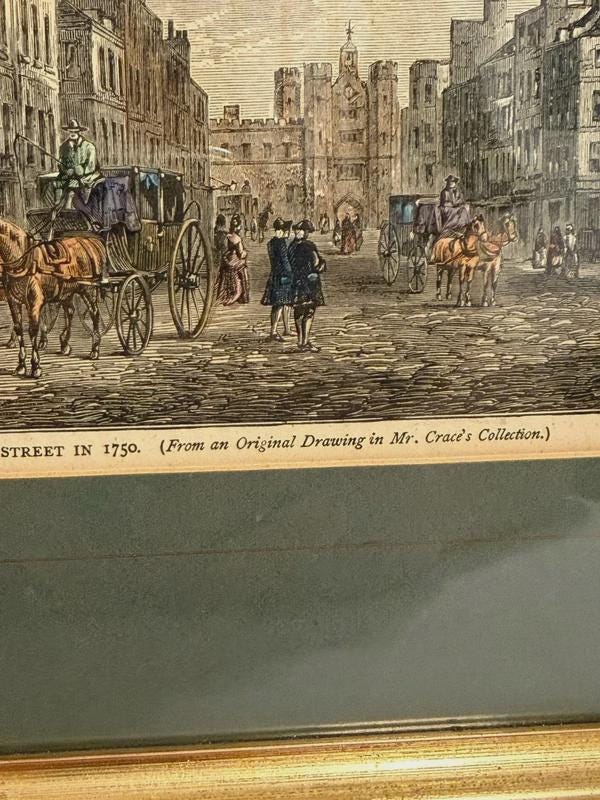 Antique Framed Engraving, St. James's Street London 1750, Hand-Coloured — England, 19th Century