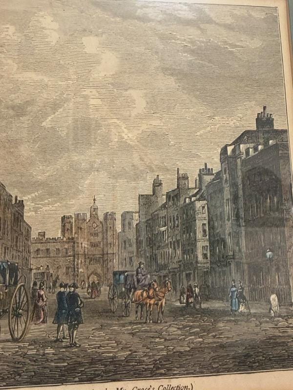 Antique Framed Engraving, St. James's Street London 1750, Hand-Coloured — England, 19th Century