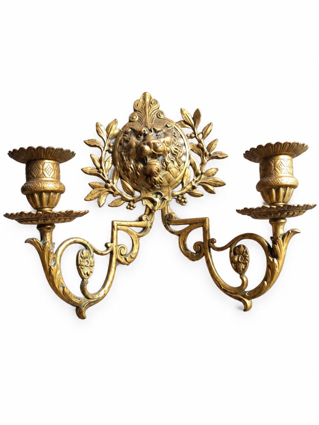 Pair of Antique French Bronze Wall Sconces, Renaissance Style Lion Mask and Wreath — France, 19th Century