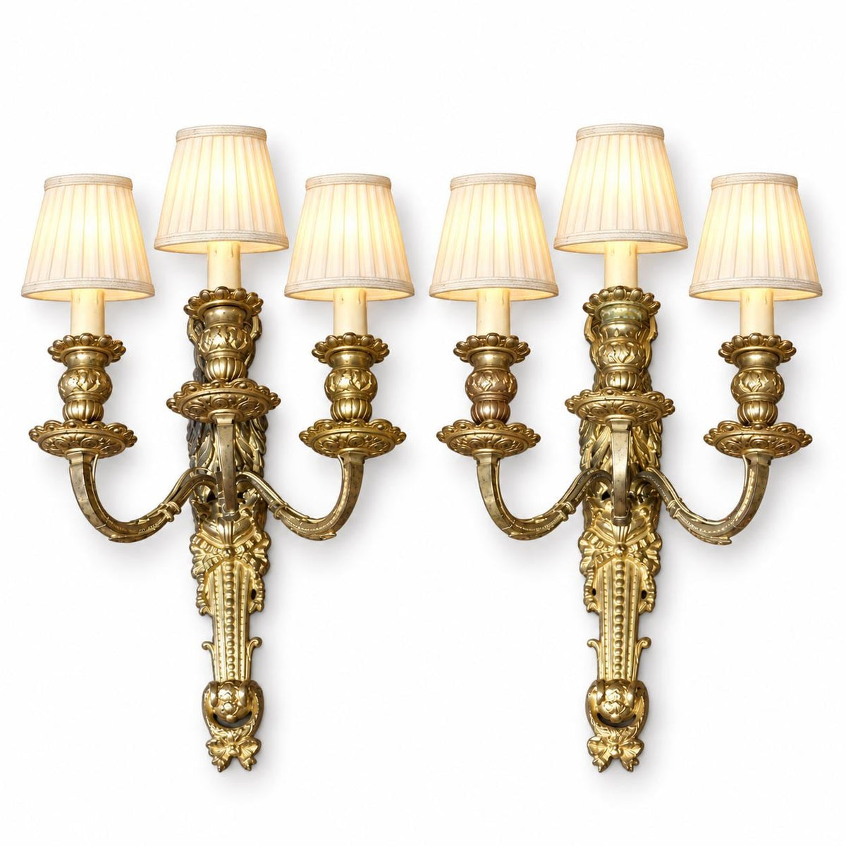 Pair of Antique French Gilt Bronze Three-Arm Wall Sconces, Louis XVI Style — France, 19th Century
