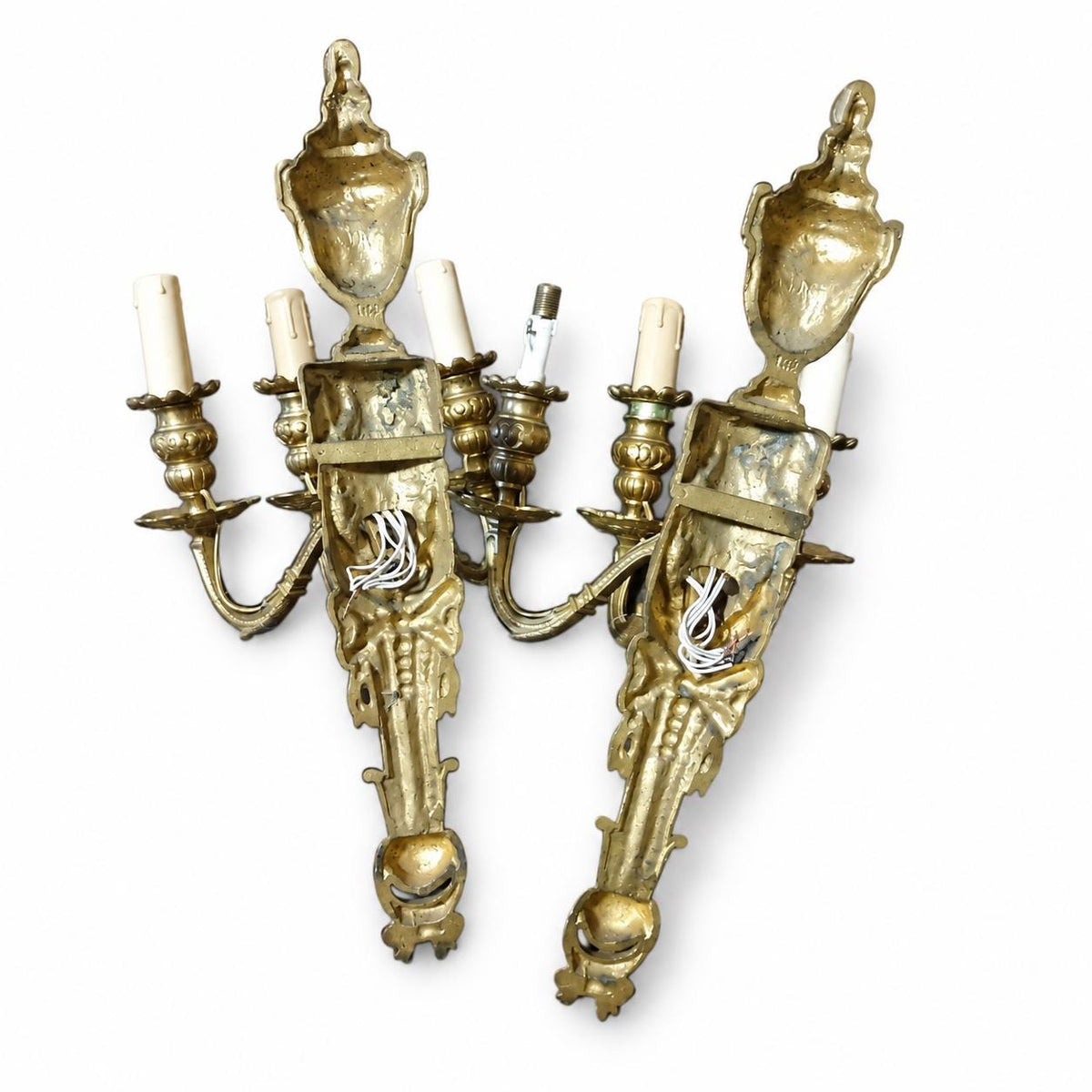 Pair of Antique French Gilt Bronze Three-Arm Wall Sconces, Louis XVI Style — France, 19th Century