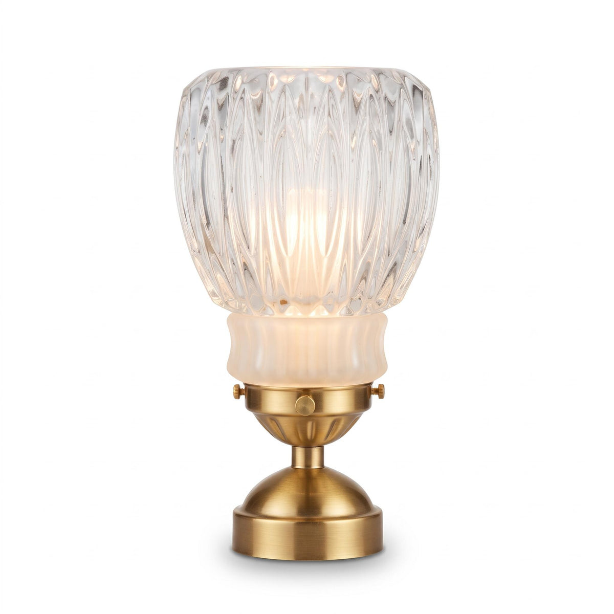Vintage Brass Table Lamp, Ribbed Crystal Flower Shade — France, mid-20th Century